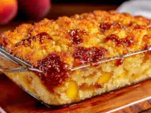 easy peach cobbler dump cake - featured image