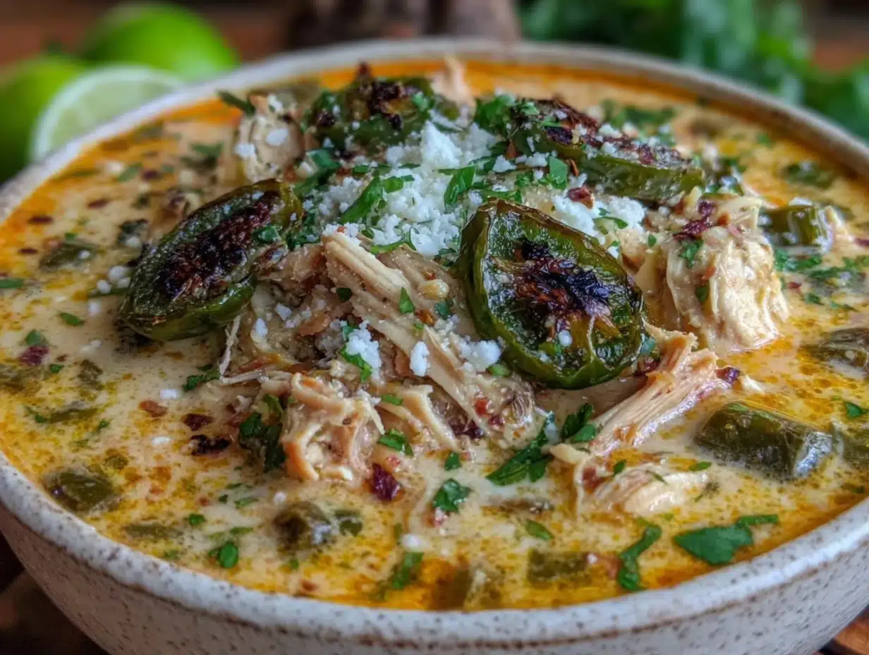 creamy roasted hatch green chile chicken enchilada soup - featured image