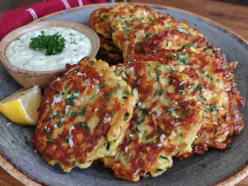 crispy garlic parmesan zucchini fritters - featured image