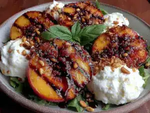 fresh grilled peach and burrata salad - featured image