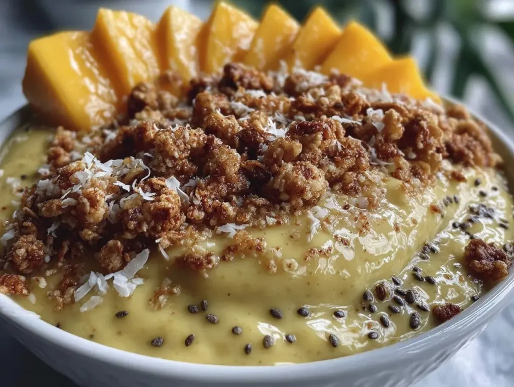 fresh mango coconut protein smoothie bowl - featured image
