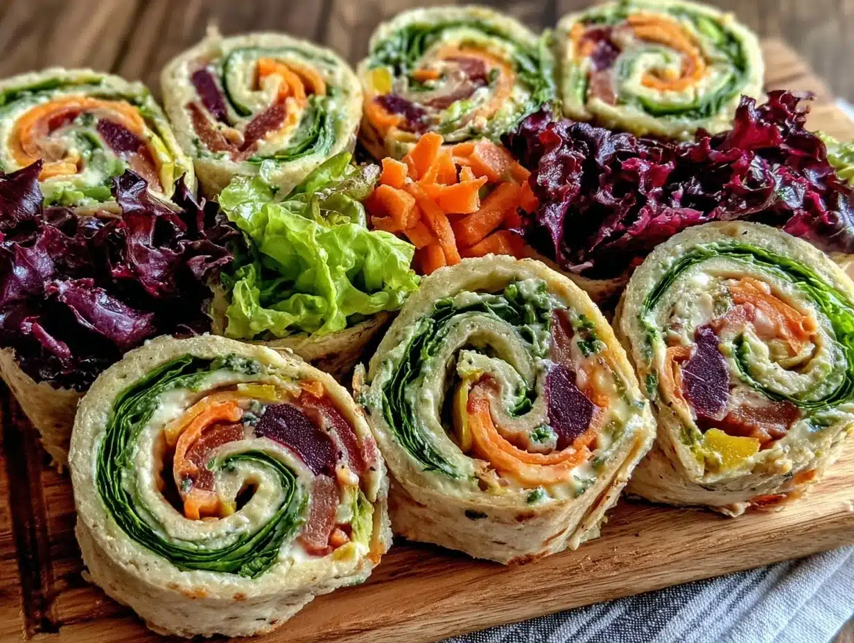 fresh rainbow veggie pinwheel tortillas - featured image