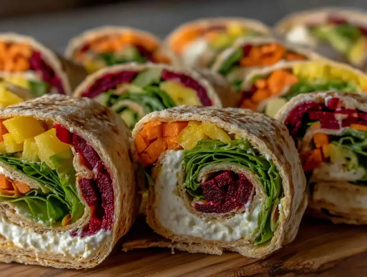 fresh rainbow veggie pinwheel wraps - featured image