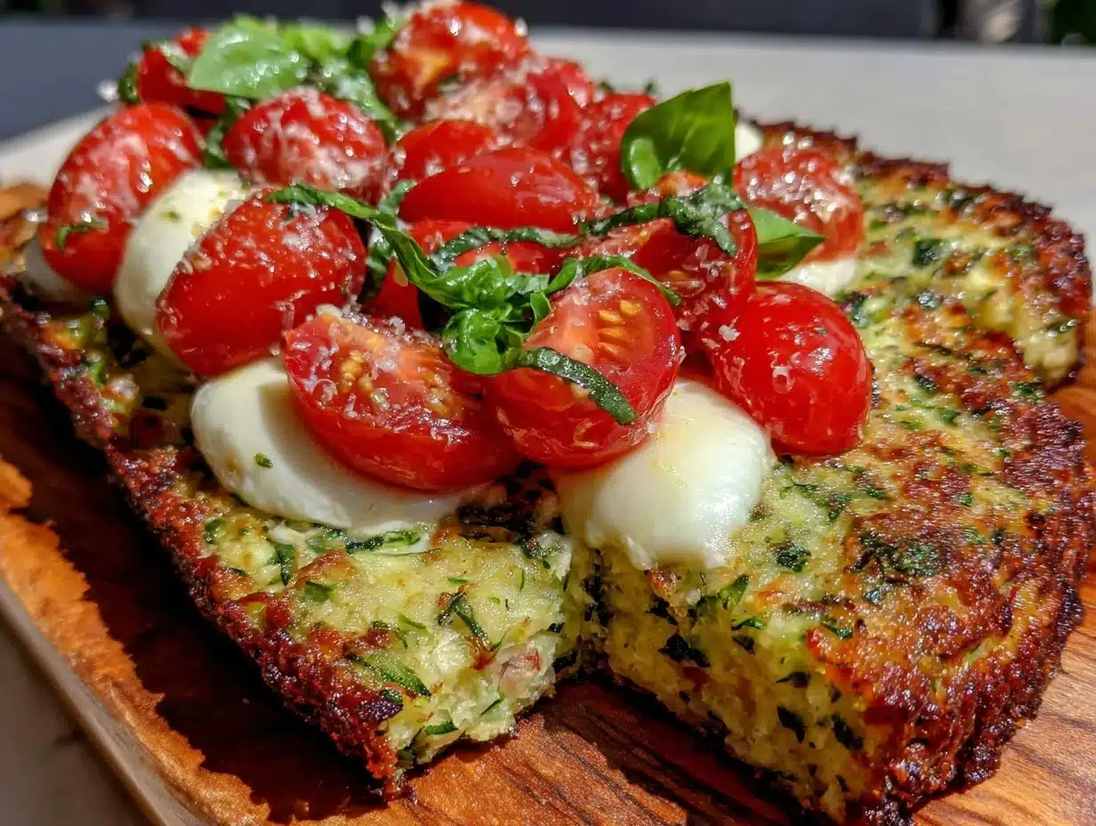fresh zucchini crust caprese flatbread - featured image