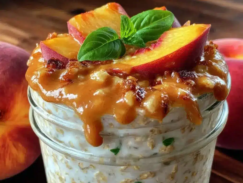 healthy peach basil overnight oats - featured image