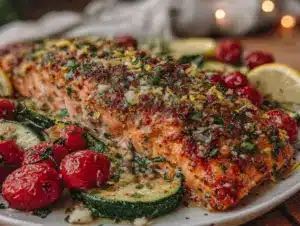 lemon garlic salmon sheet pan dinner - featured image