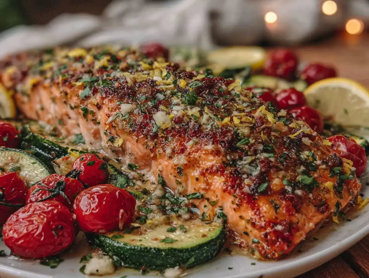 lemon garlic salmon sheet pan dinner - featured image