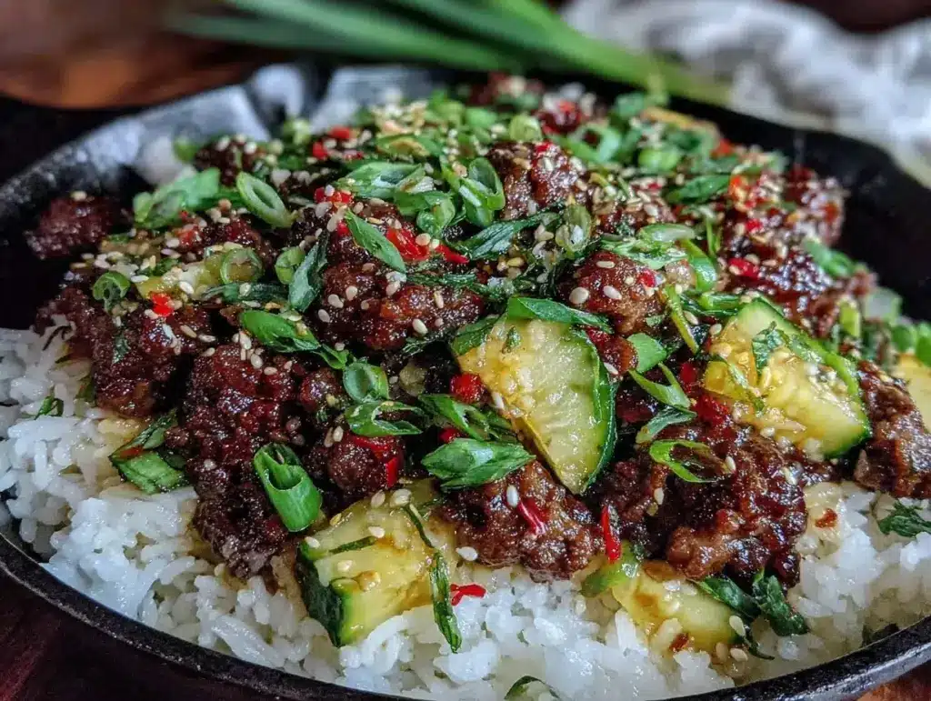 one-skillet korean ground beef rice bowl - featured image