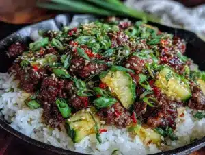 one-skillet korean ground beef rice bowl - featured image