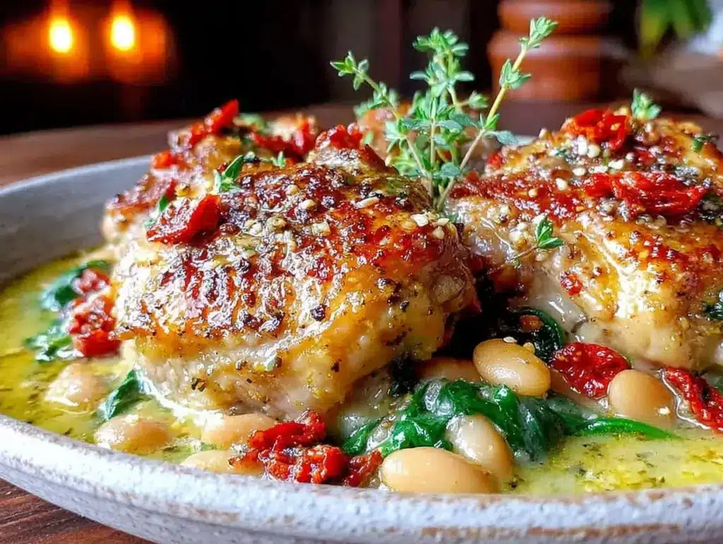 slow cooker tuscan white bean chicken thighs - featured image