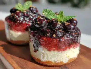 smoky red white and blue layered cheesecake jars - featured image