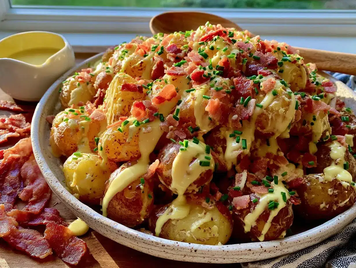 creamy loaded bacon ranch potato salad for a crowd - featured image